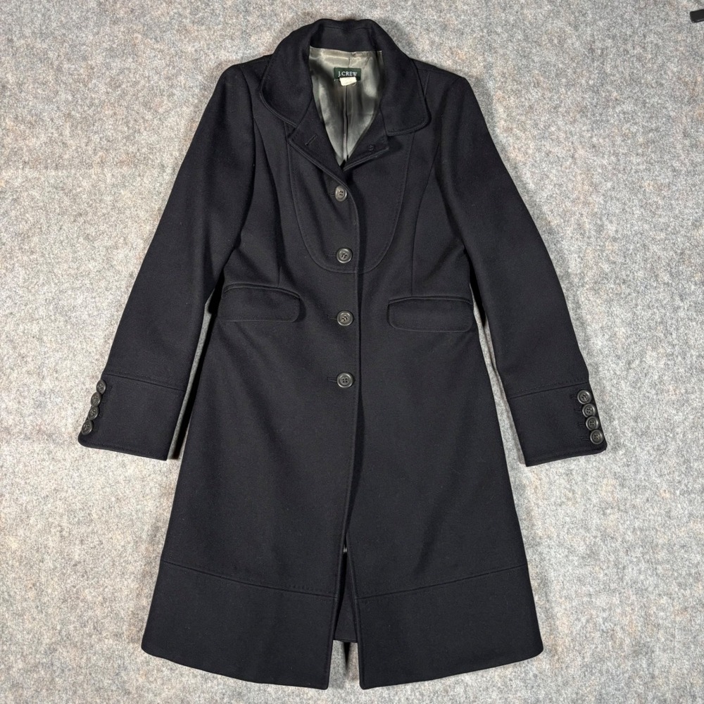VTG J.Crew Wool Overcoat Womens Sz 2 Black Long Trench Coat Lining Damage READ
